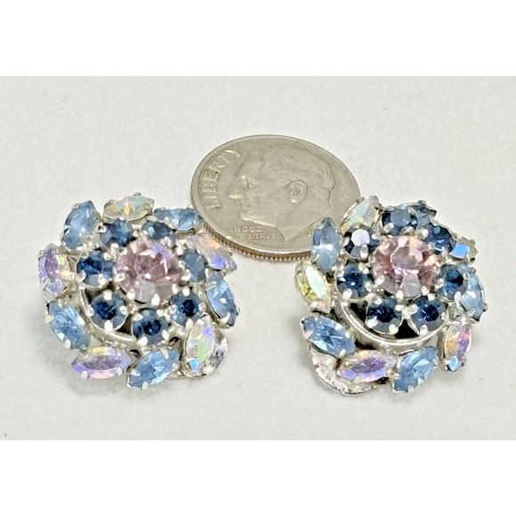 Vtg Blue Austria Crystal Aurora Borealis Prong Set Clip On Earrings Silver-tone - Picture 16 of 16